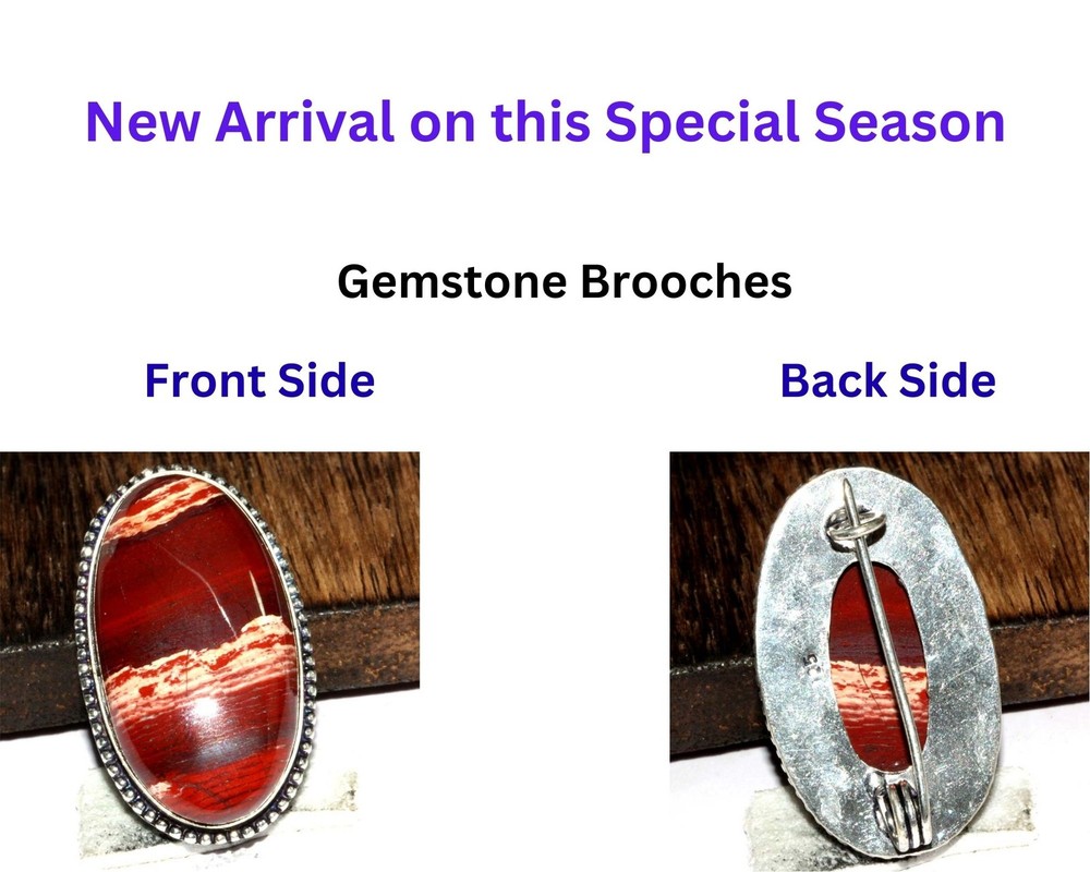 Exclusive Red Jasper 925 Silver Plated Gemstone Brooches Pins 1.4