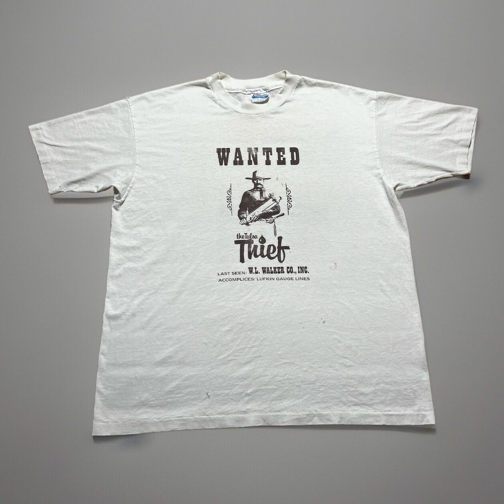 Vintage 80s The Tulsa Thief WANTED W.L. Walker Co. Oil Shirt Size XL Distressed