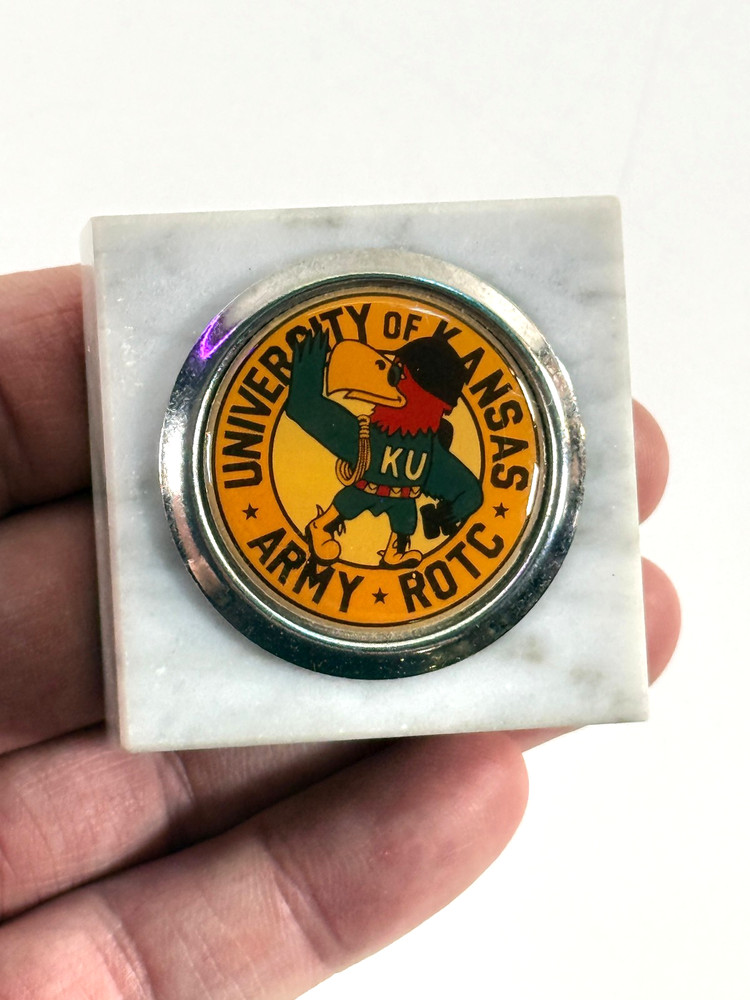 RARE vtg KU University of Kansas Jayhawk ROTC marble paperweight