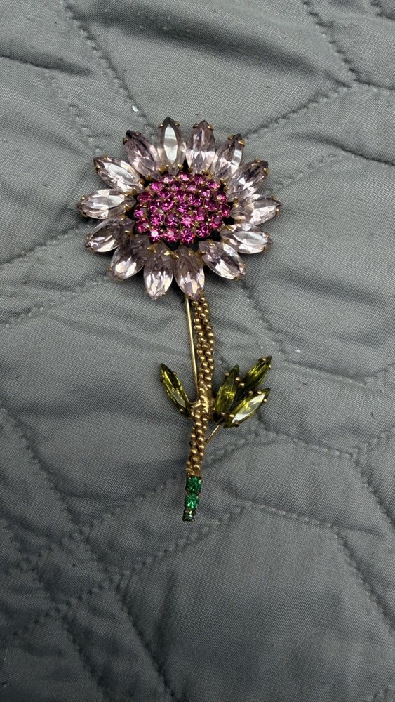 Vintage Weiss Rhinestone Flower Brooch Pin Pink Green Crystal Floral 4” Signed