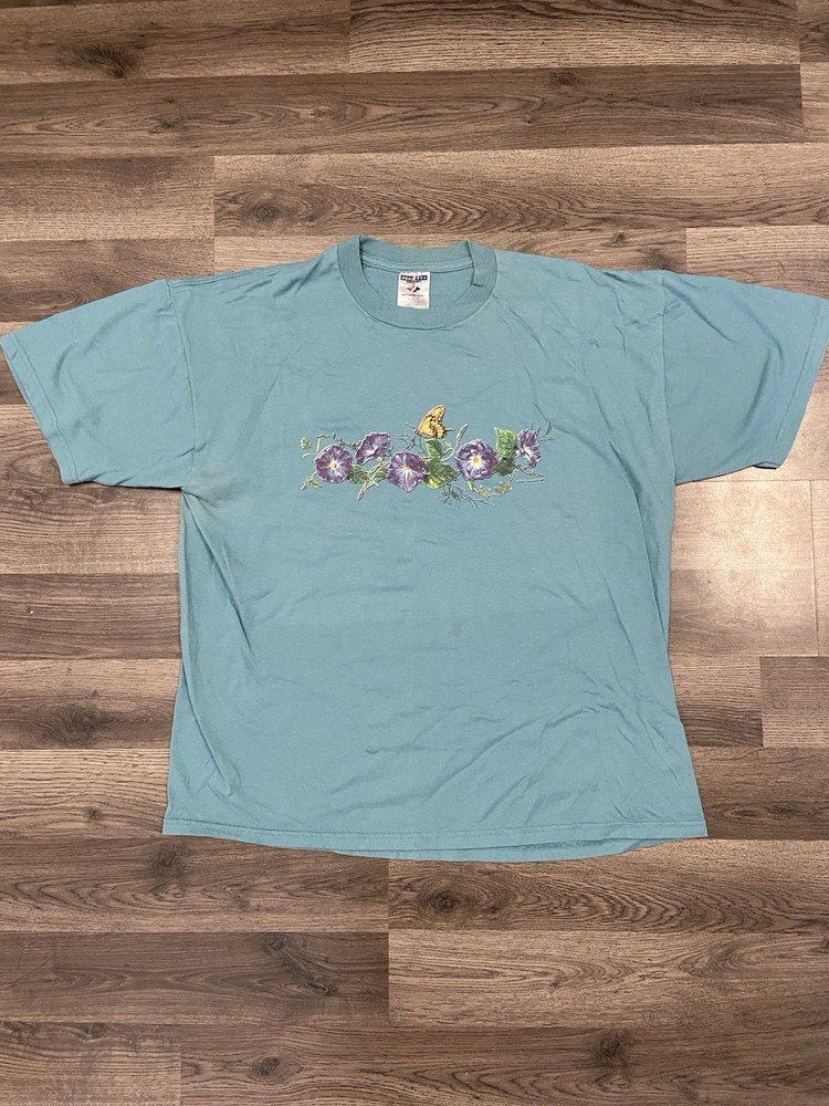 Vintage 90s Butterfly Flower Shirt Size XL Blue Green Nature Graphic