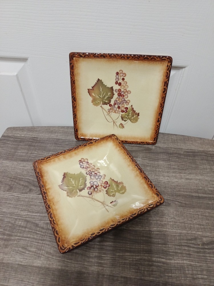 Clay Art Hand Painted Collections Square Plates Set of 2 Grape Motif 8.5