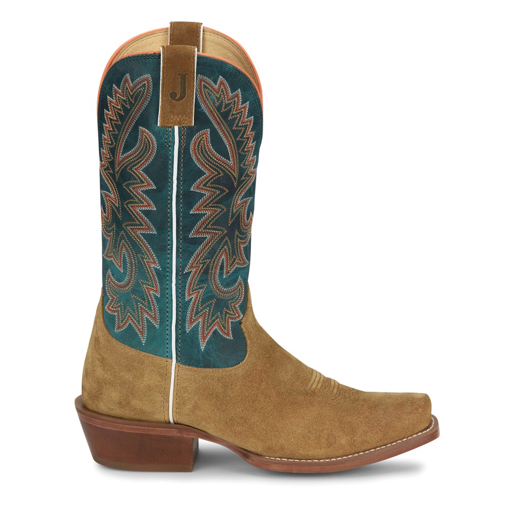Justin Boots Jimmy Embroidered Square Toe Pull On Cowboy Boots for Men in Blue and Brown