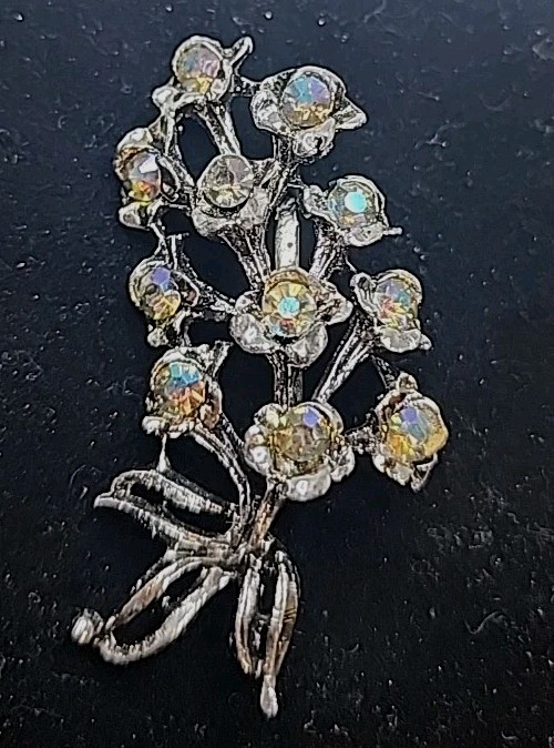 Vintage Aurora Borealis Rhinestone Floral Spray Silver Tone Brooch 2.25