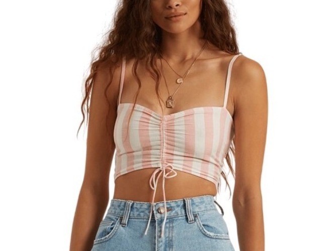 BILLABONG Beaud Up Crop Cami Tank Top Sz L Pink White Stripe Cotton Linen Blend