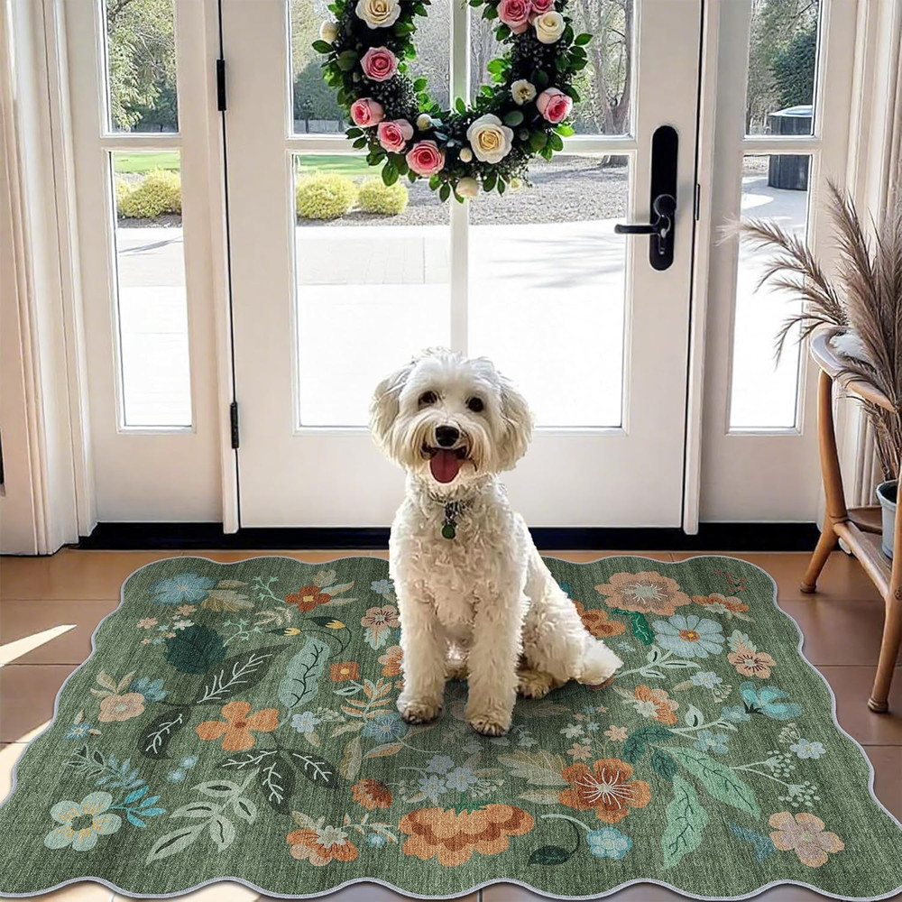 Washable Floral 2X3 Area Rug: Indoor Soft Scalloped Carpet for Entryway Kitchen
