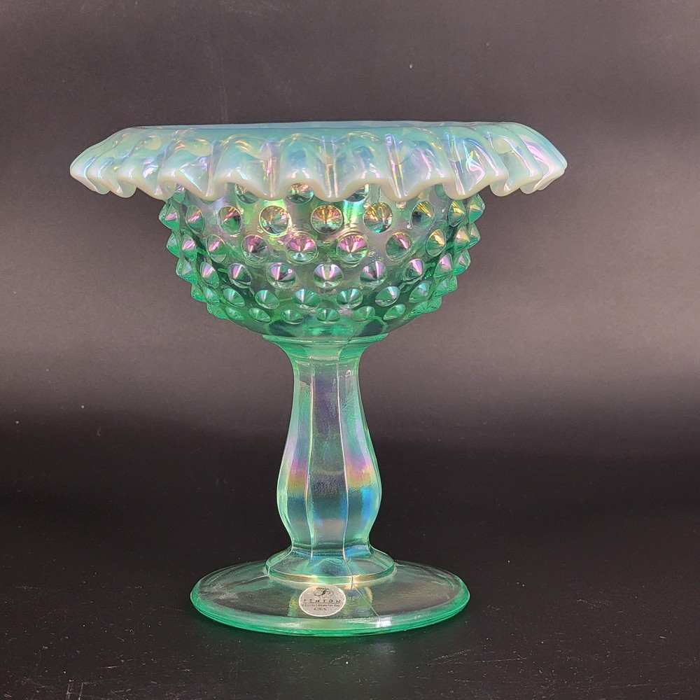 VTG FENTON Willow Green Opal Iridescent Hobnail Fairy Lamp Pedestal BASE ONLY