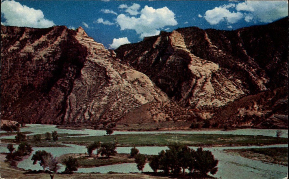 Island Park Dinosaur National Monument Utah aerial view ~ 1950-60s postcard