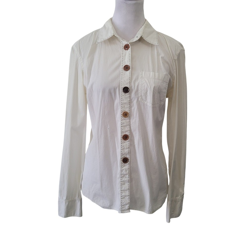 Boden Womens 10 Button Down Shirt Cream Pick Stitch Long Sleeve Cotton Pocket