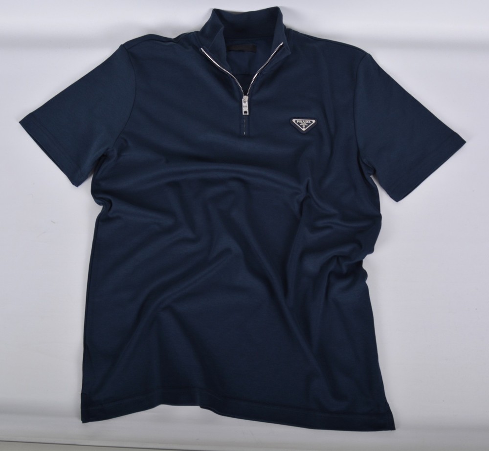 Men’s Prada Navy Blue Zip-Up Polo Shirt L Short Sleeve