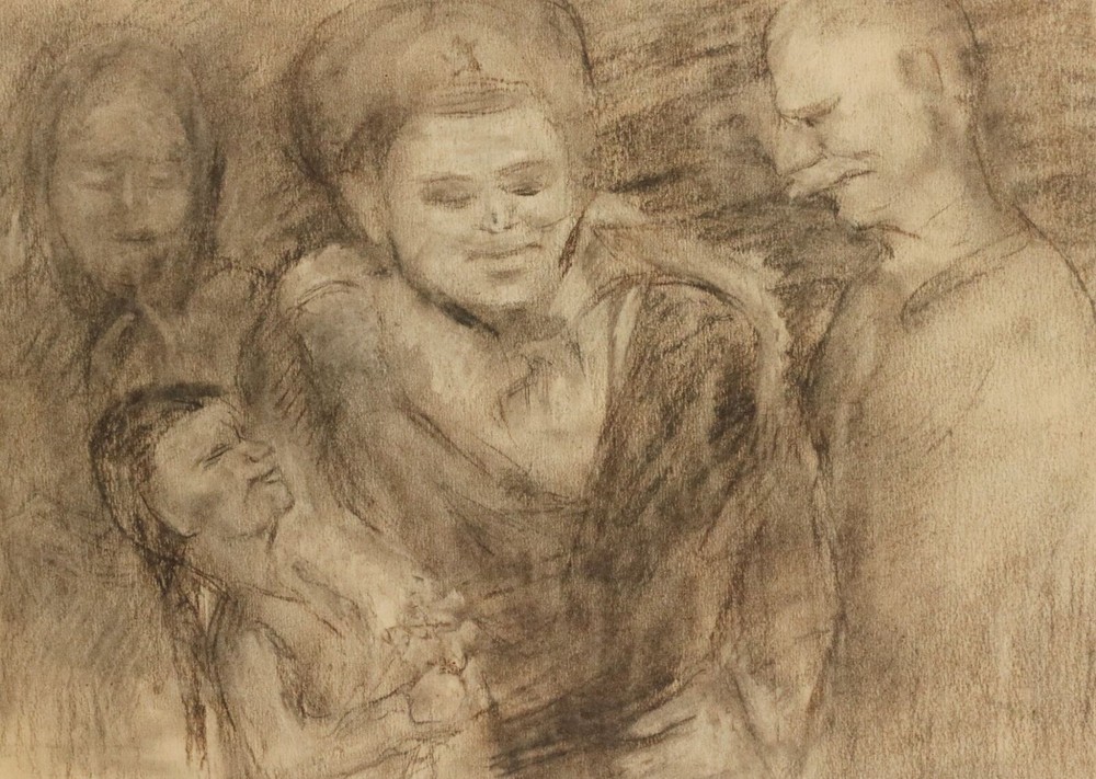 Antique expressionist figures portrait pastel painting art vintage