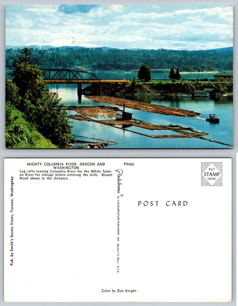 Columbia River Log Rafts Mt Hood Postcard Oregon Washington Plastichrome