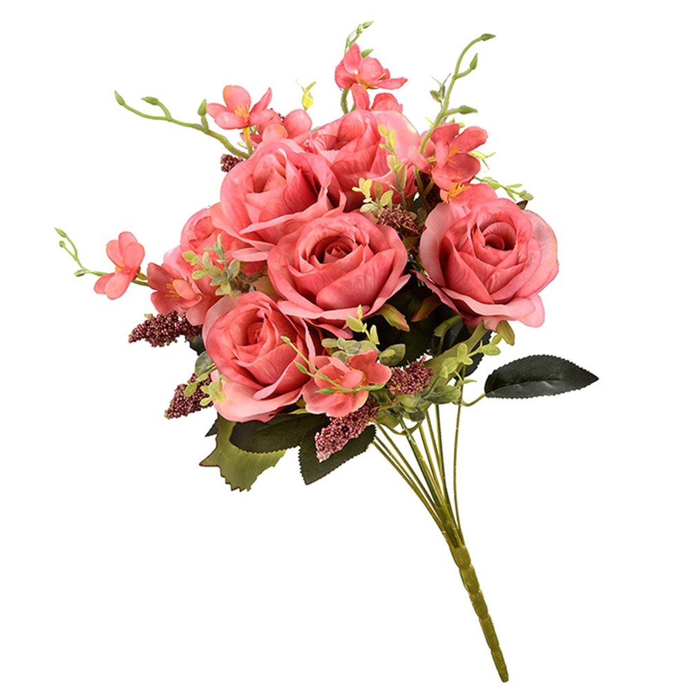 19 in. Spring Floral Bouquet with Vibrant Pink Rose Blooms, Seed Pods, Leafy Gre