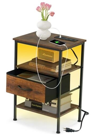 Nightstand Bed Side Table, Night Stand with LED Lights and Set of 1/1-Drawer