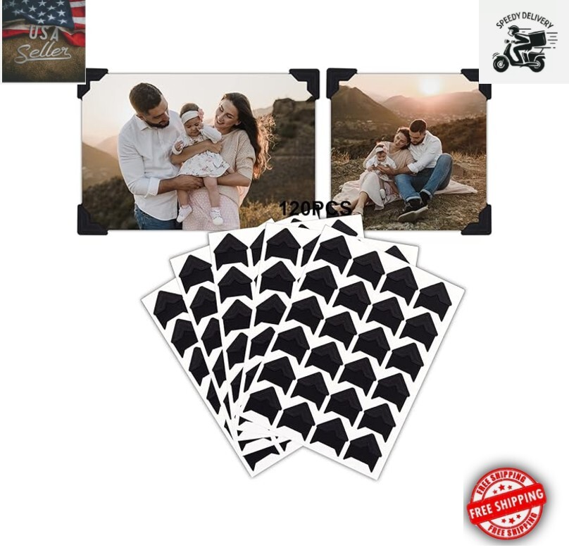 Black Photo Corners Self Adhesive Stickers,120Piece Acid Free Photo/Picture Moun-image