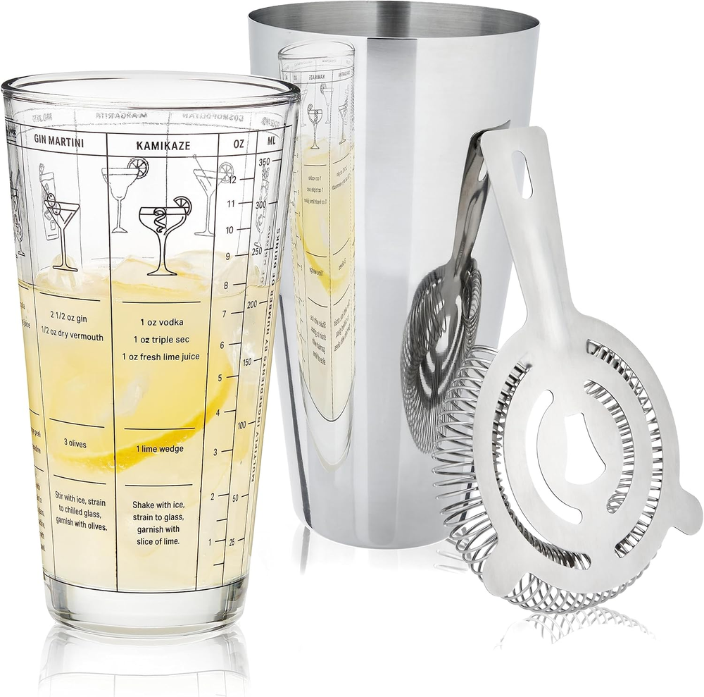 3-Piece Barware Set with Printed Cocktail Recipes and Measurements for Mixing
