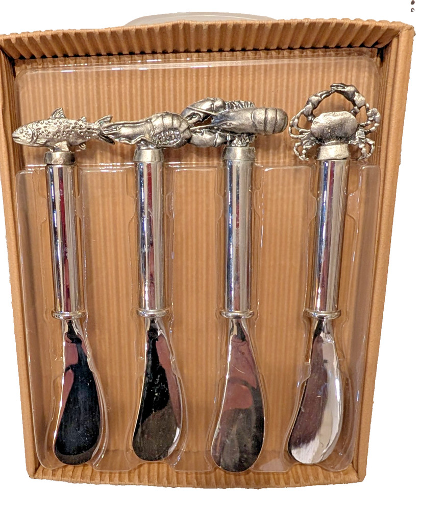 4-Pack Cheese Spreader Knife Stainless Steel Ocean / Sea Theme Unique Fish Crab