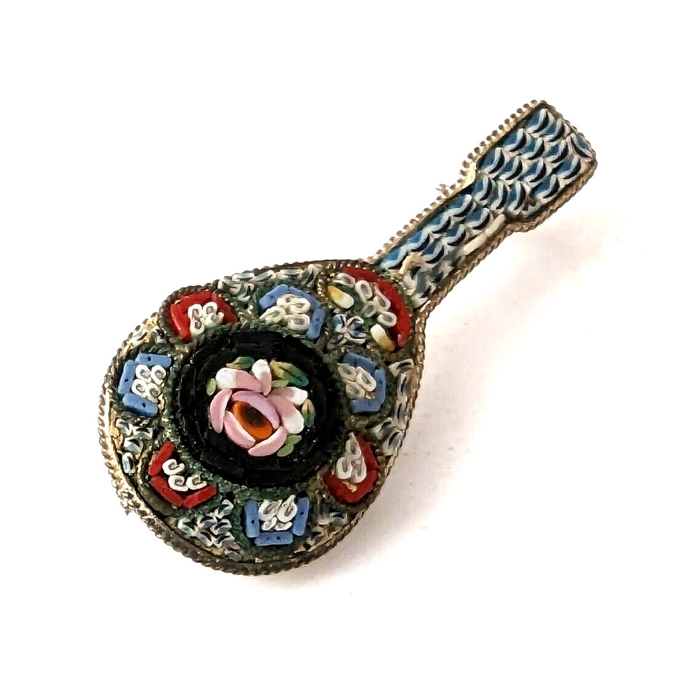 Vintage Italy Micro Mosaic Mandolin Guitar Pin Brooch Handmade Silver Tone