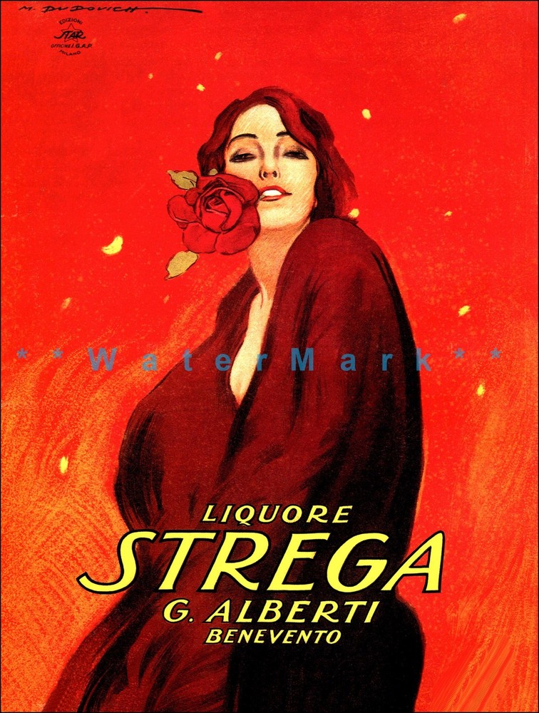 Retro Italian Strega Liquor Vintage Poster Print Fashion Lady With Rose