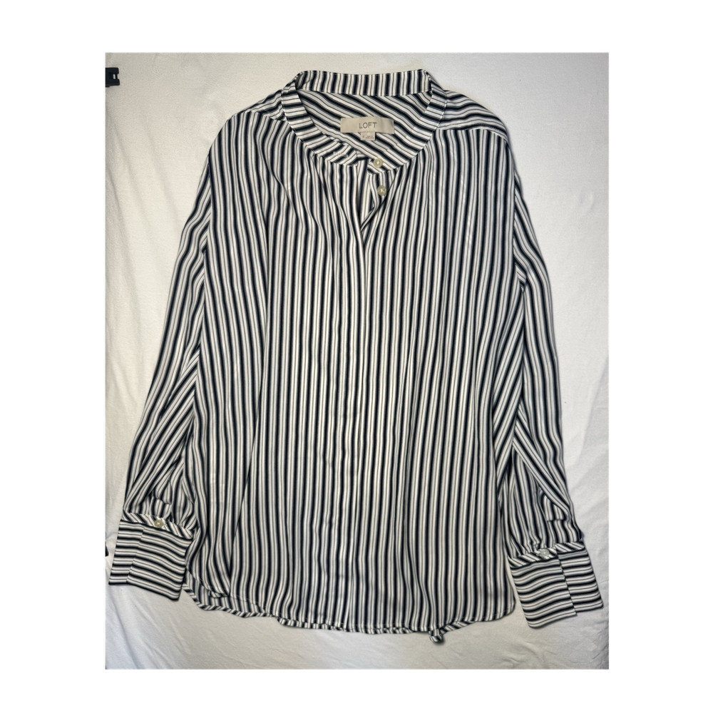 LOFT Blue/White Striped Collared Button-Up Long Sleeve Woven Blouse Size M