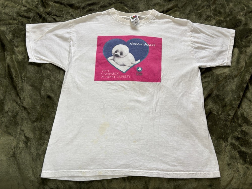Vintage Animal Cruelty Shirt Mens XL White Have A Heart Baby Seal IFAW Campaign