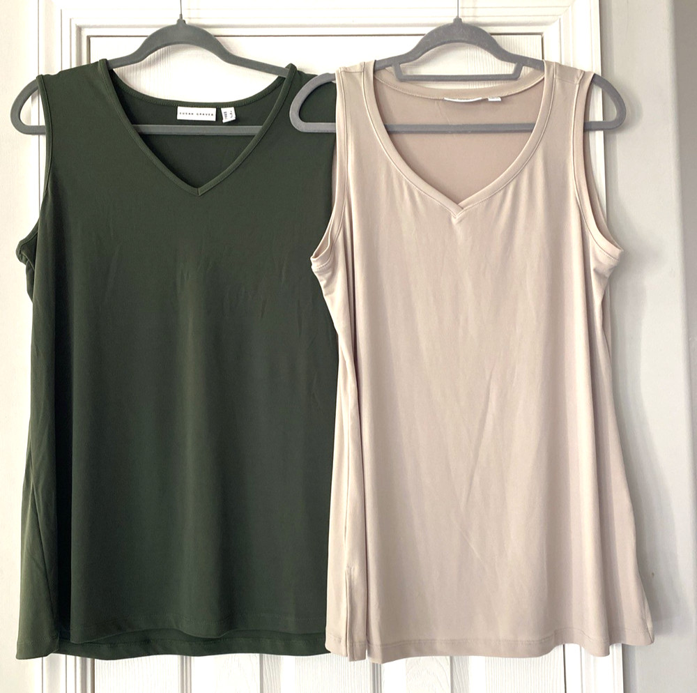 Womens Lot Of 2 Susan Graver Sleeveless Liquid Knit Tops Olive Green Beige Large