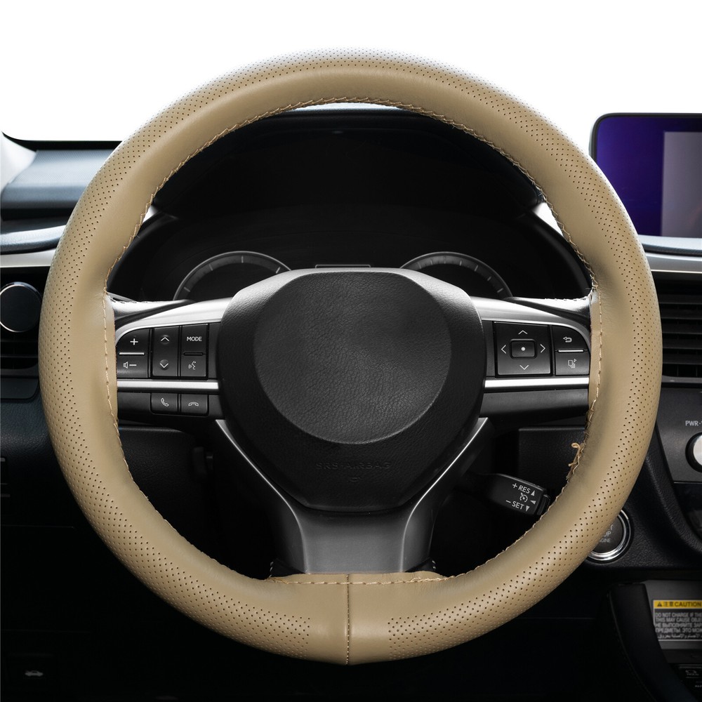 Genuine Leather DIY Anti-Slip Beige Steering Wheel Cover for 15 Inch Cars