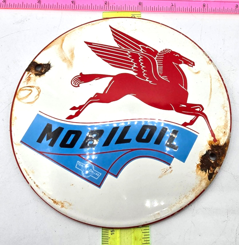 Vintage Mobil OIL Gasoline Sign Motor Oil Gas Pump Porcelain Sign 6