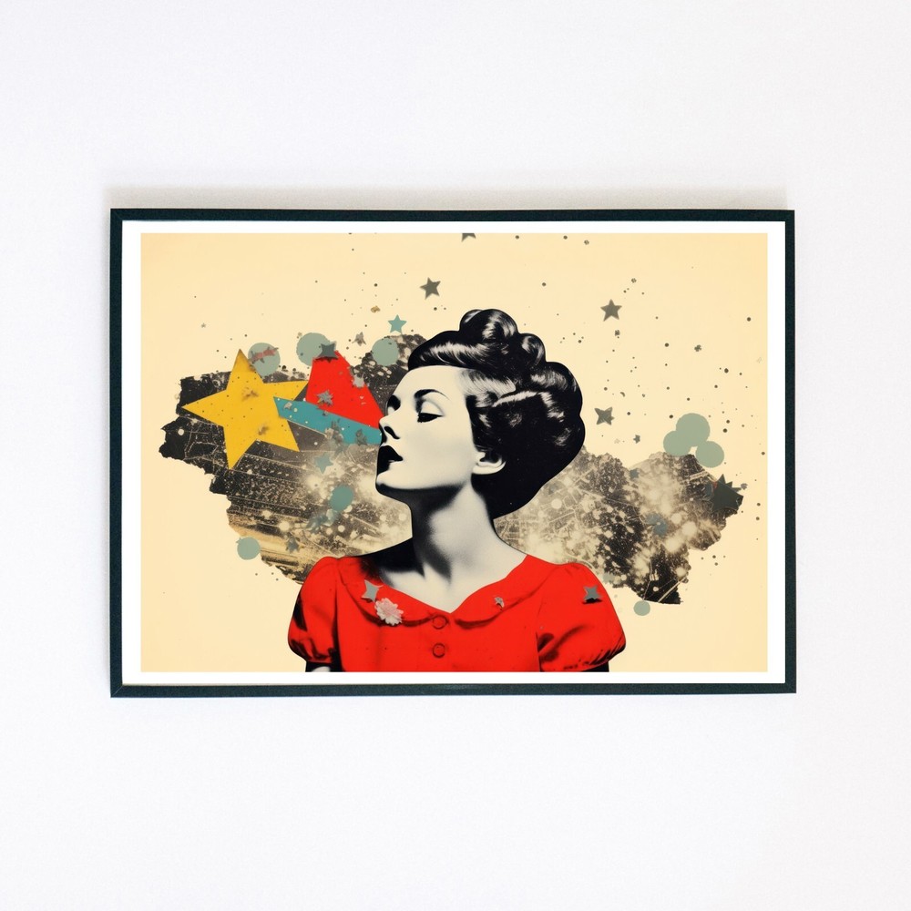 Pop Art Retro Portrait Abstract Collage Illustration 7x5 Wall Decor Print