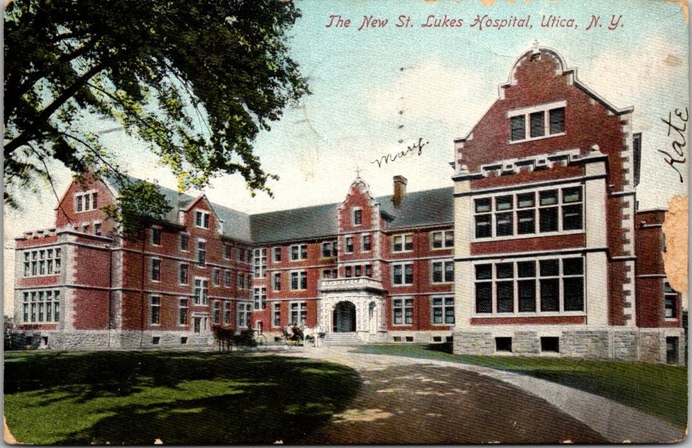 Vintage 1907 St. Luke's Hospital Utica NY Postcard Horse Drawn Carriages