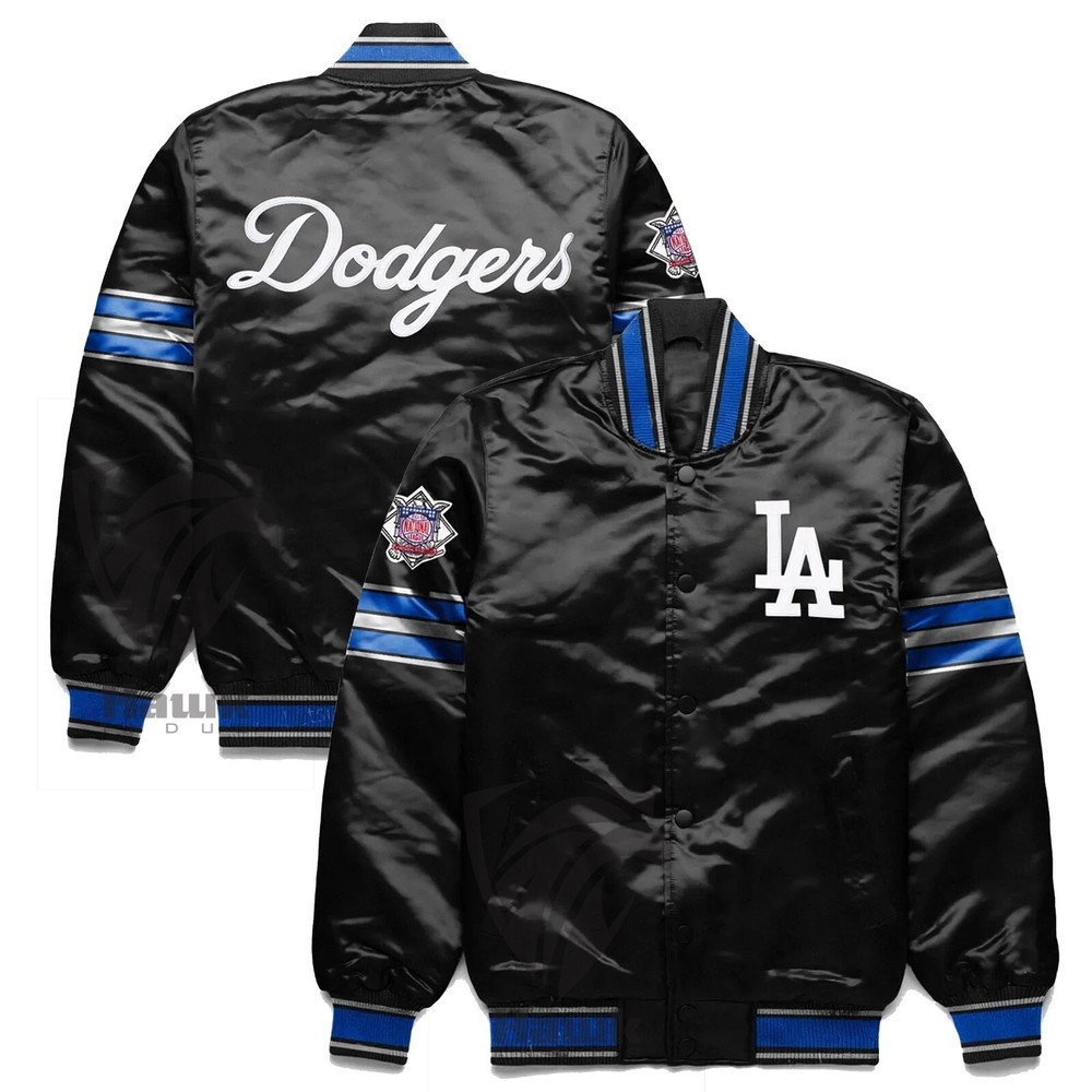 MLB LA Dodgers Black Satin Baseball Bomber Varsity Jacket Vintage Street Fashion