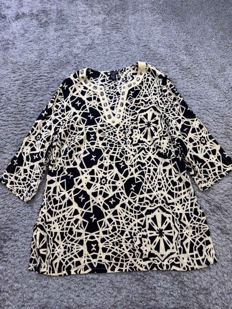 Carole Little Top Women 1X Beige Geometric Linen Blend Rhinestone V Neck Tunic