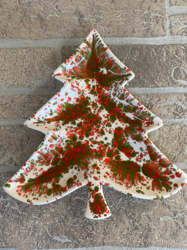 9-Inch White Ceramic Christmas Tree Tray with Red and Green Glaze