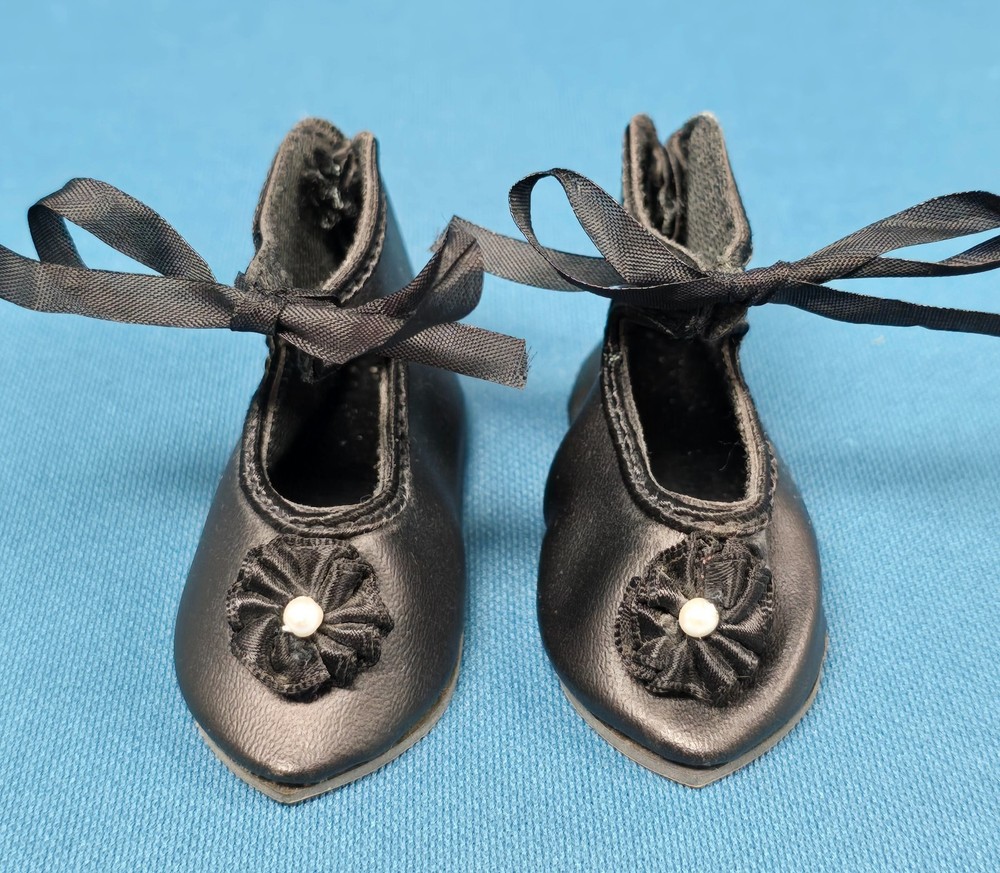 Black Doll Shoes w/Rosettes for French or German Antique Doll 1  1/4