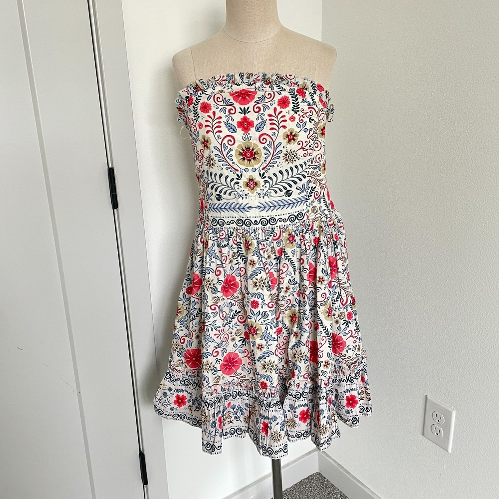 Anthropologie Dress Women M Strapless Floral Print Cotton Smocked Cottage Garden