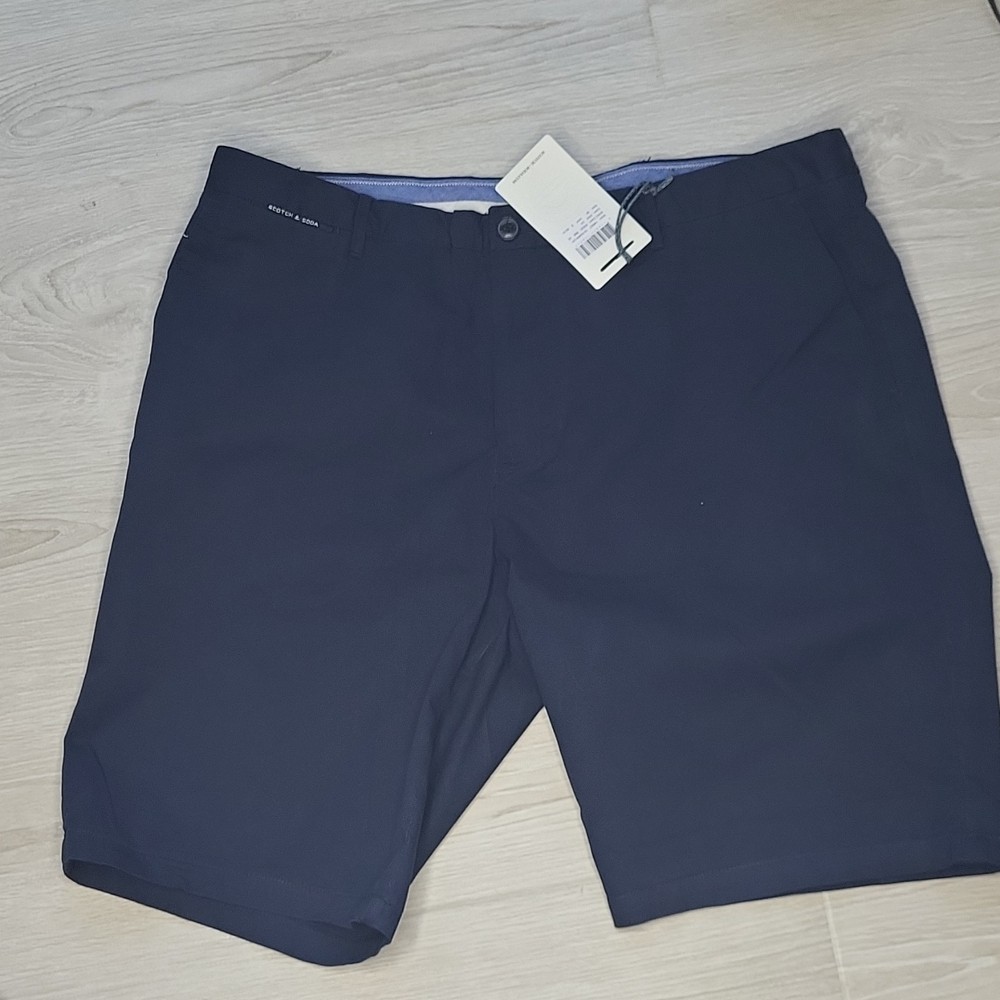 Scotch & Soda Men's Navy Solid Flat Front Shorts Button Zip Closure 38in Waist