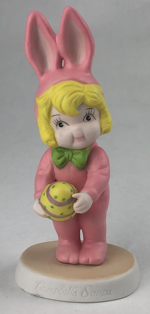 Vintage Campbell Soup Easter Bunny Girl Figurine 1995 Pink Holding EASTER Egg
