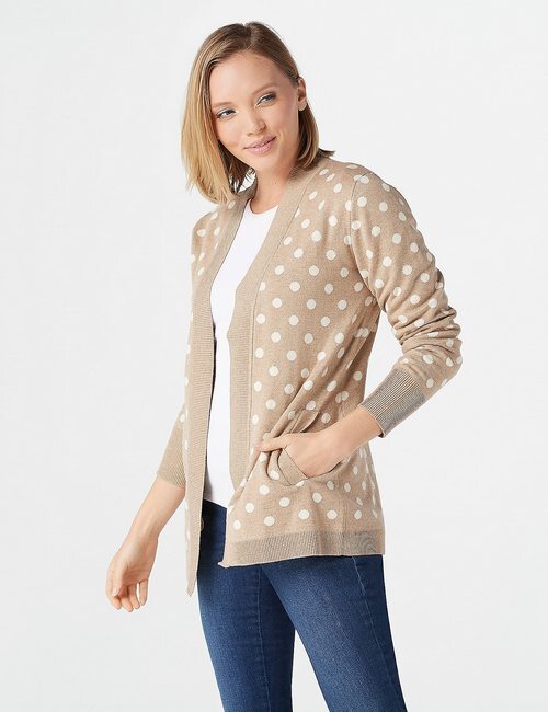 Isaac Mizrahi Sand & Ivory Polka-Dot Jacquard Long-Sleeve Cardigan Sweater New