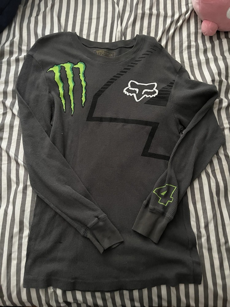 Fox Monster Energy Long Sleeve Motocross Waffle Knit Cotton Shirt Black L