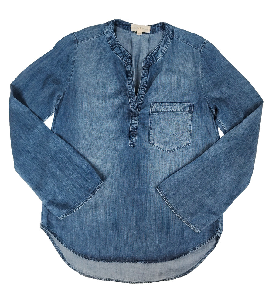 Cloth & Stone Chambray Tunic Shirt Popover Tencel Womens XS Blue Long Sleeve Top