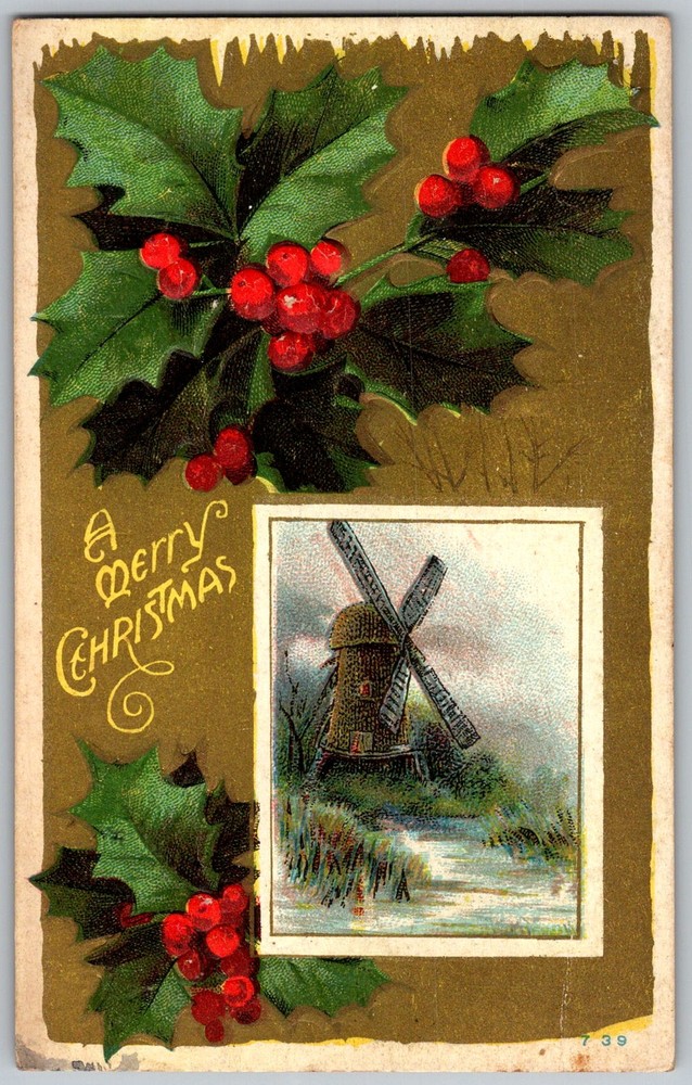 Antique Postcard Christmas Windmill Scene Triumph, LA 1910s
