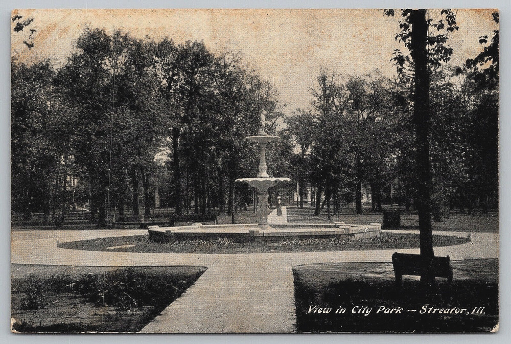 Streator Illinois IL City Park Water Fountain Vintage Antique Postcard 1909