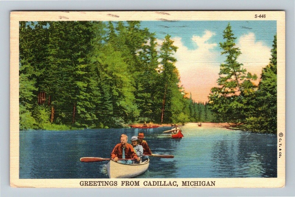 Cadillac MI-Michigan Greetings, Lake, Gentlemen Canoeing, c1942 Vintage Postcard