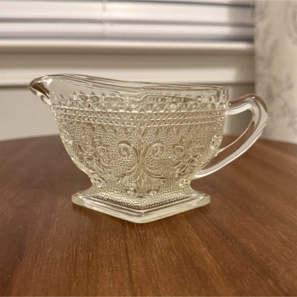 Clear Pressed Glass Creamer with Square Base, Glossy Finish, Decorative Handles