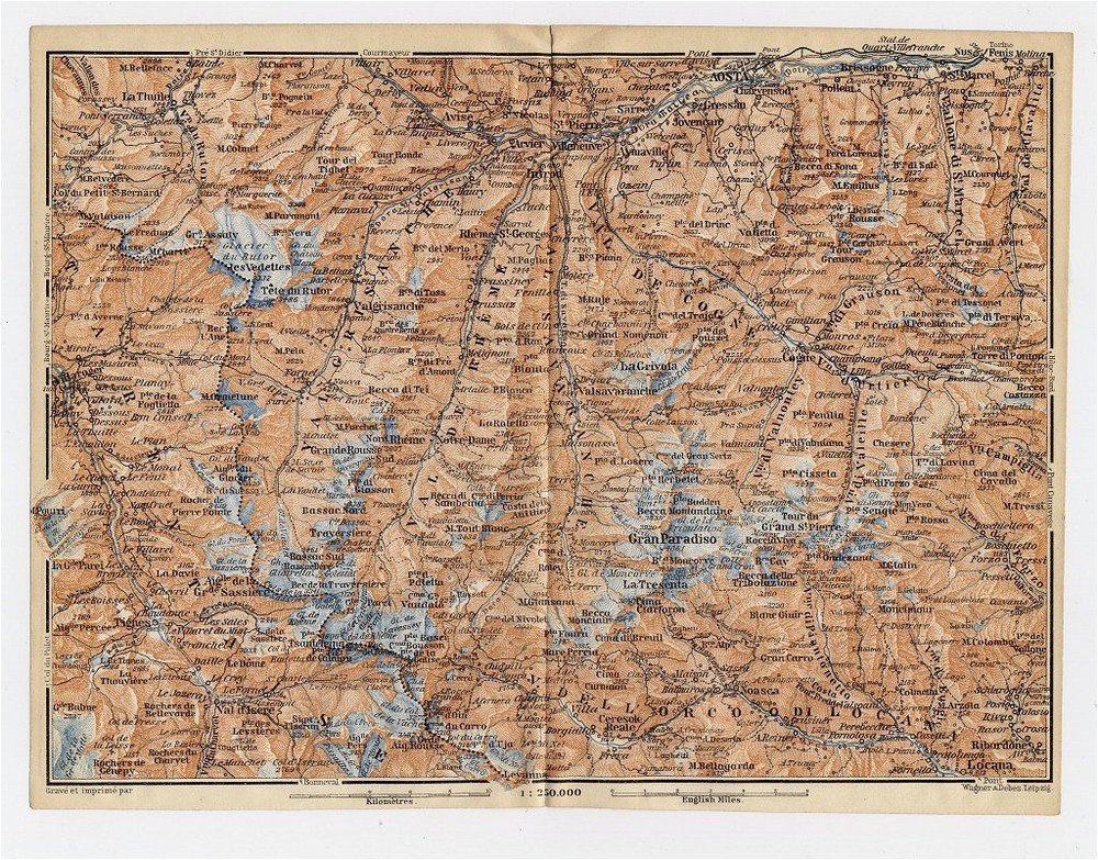 1913 Original Antique Map Of Vicinity Of Aosta Cogne /  Italy