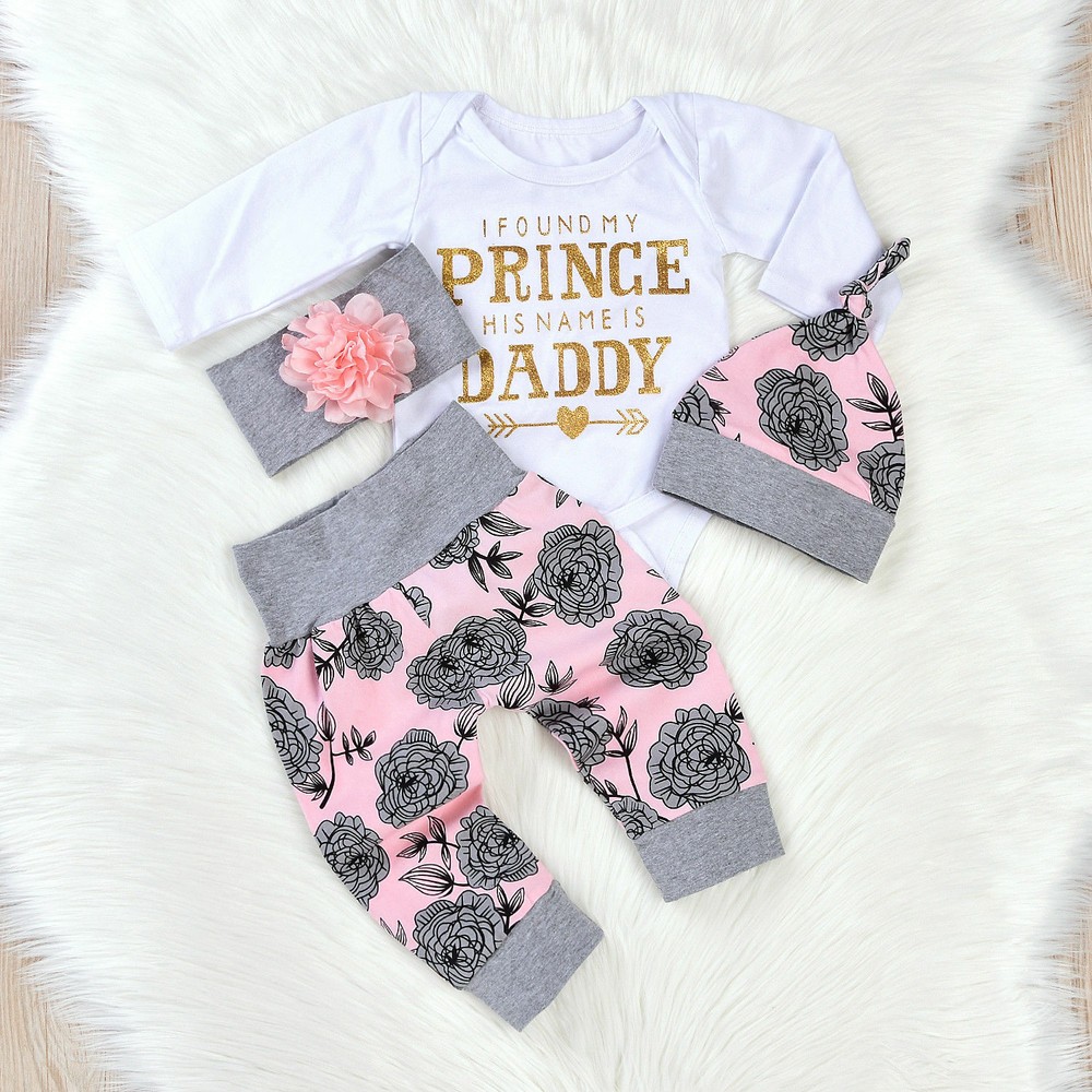 4Pcs Newborn Baby Girl Romper Bodysuit Tops Pants Headband Clothes Outfits Set