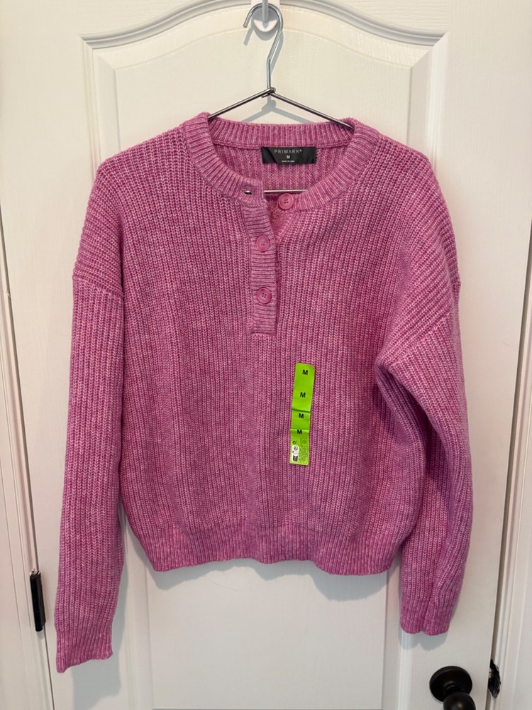 NWT Primark Women's Sweater Button Henley Chunky Knit Size M Pink