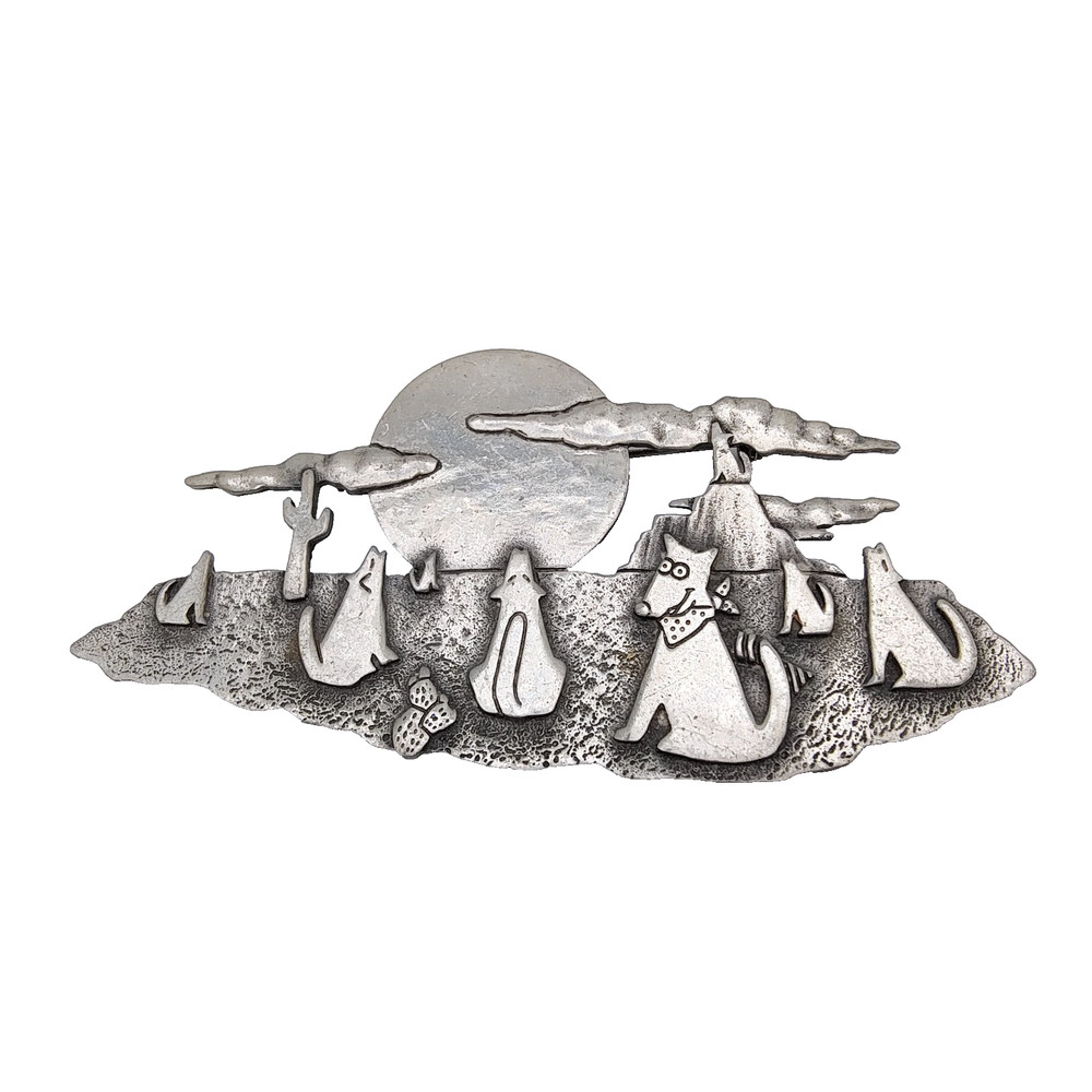 Vintage JJ Jonette Coyotes Howling At Moon Brooch Pewter Whimsical Southwestern