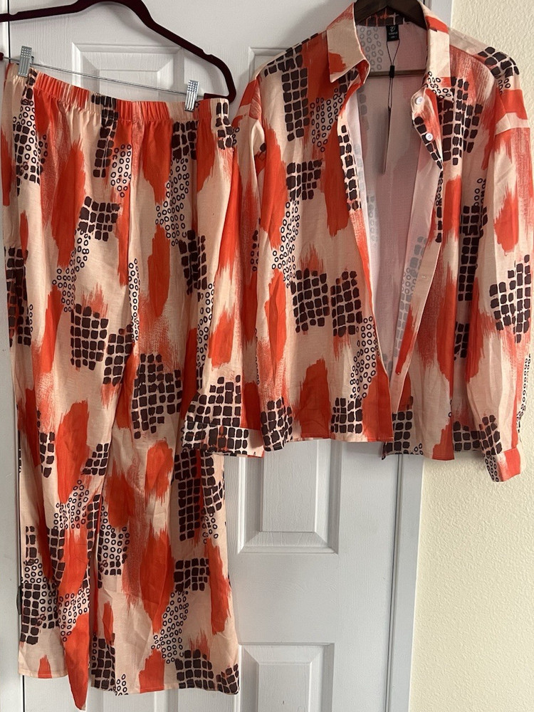 Zara Women’s 2-Piece Geometric Button-Up Shirt & Pants Set L Orange Beige