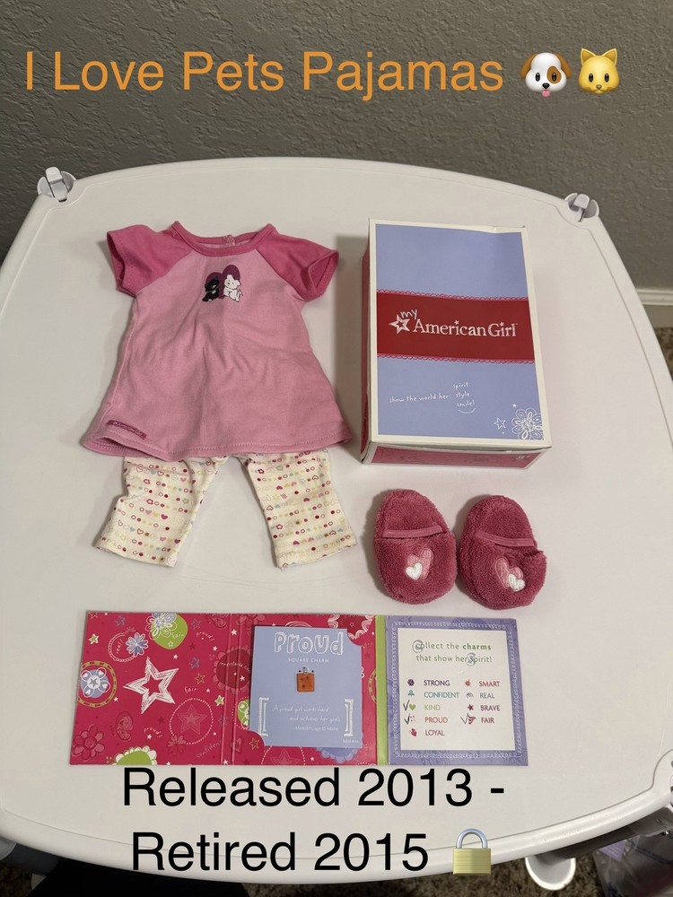 American Girl 18” Doll I Love Pets Pajamas retired 2015 w/ Charm!